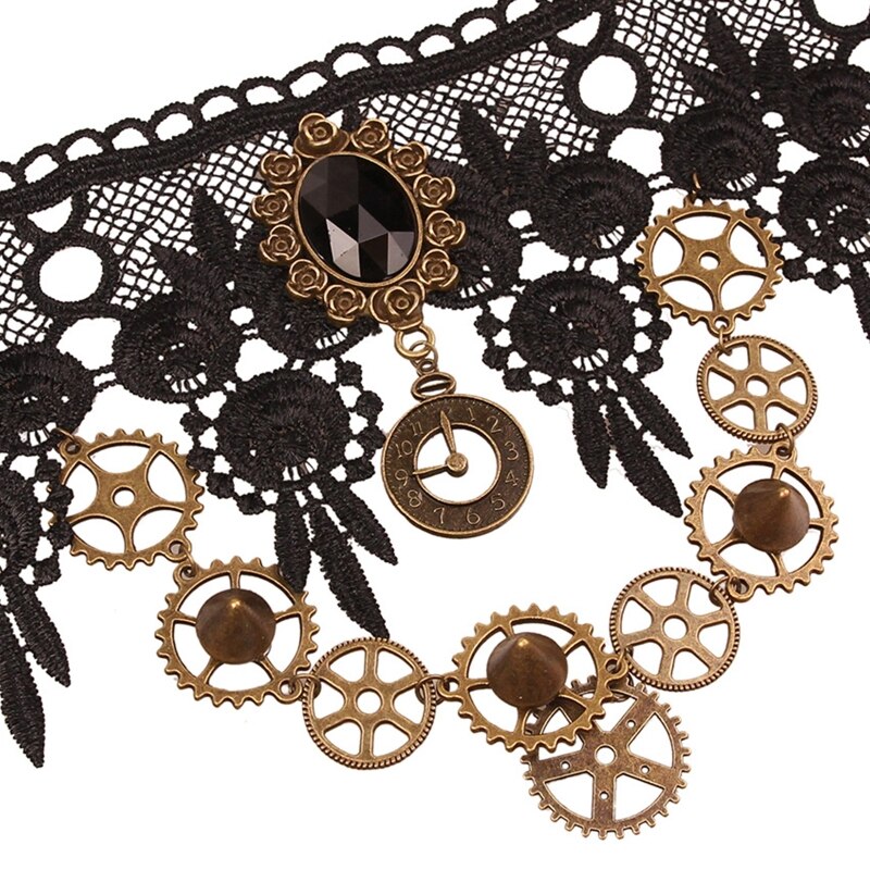 Qrettie Steampunk Gothic Lace Choker Necklace - Adjustable Clock Gear Cog Design For Halloween & Costume Parties - View #2