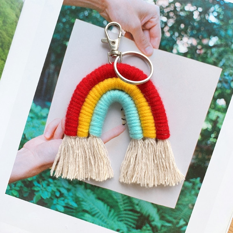 Macrame regnbue nøgleringe boho taske charms med kvaster håndvævet bomuldstilbehør til bilnøgle pung pung hængende dekoration