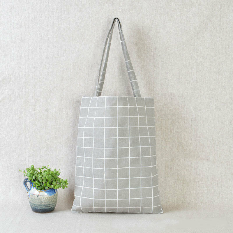 Durable Women Student Cotton Linen Single Shoulder Bag Shopping Tote Check Plaid Female Flax Canvas Shopping Bags: Gray