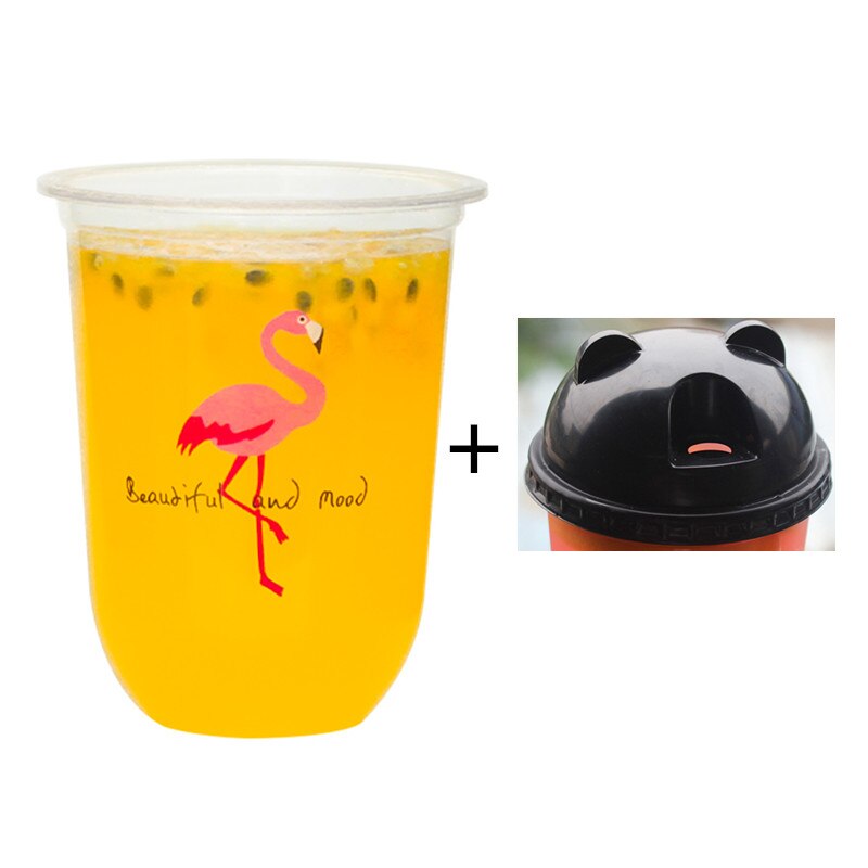 50pcs Transparent disposable plastic cup 500ml coffee drink takeaway packaging cup party birthday favor flamingo cup with lid: cup and lid3 / 360ml 50pcs