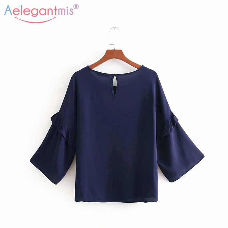 Aelegantmis camisa de gasa suelta azul marino mujeres Chic flor bordado blusas señora Casual manga larga Tops
