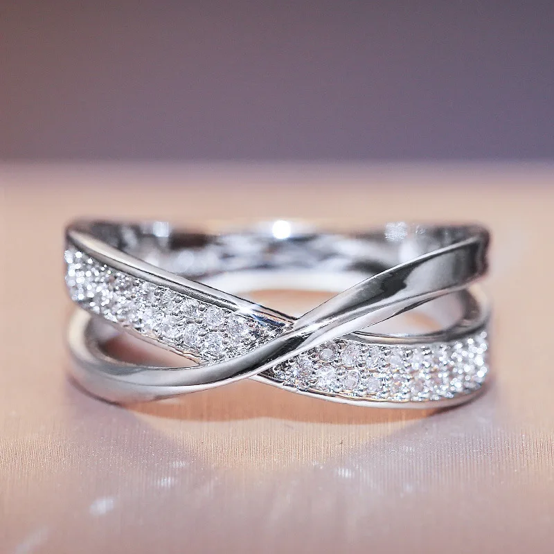 Classic Female Ring 925 Sterling Silver Two Tone X Shape Cross Rings For Women Infinite Dazzling Zircon Wedding Rings Anillos