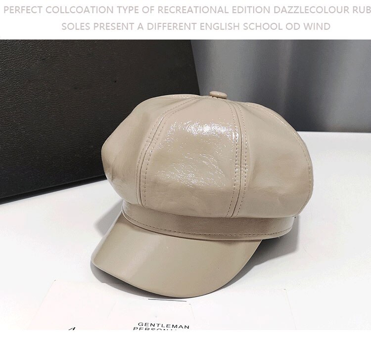 Eleganckie czapki dla kobiet jasny sztuczny skórzany rondo ośmiokątny kapelusz dorywczo beret jesień czapka zimowa brytyjskie kapelusze retro dama koreańnarty: khaki