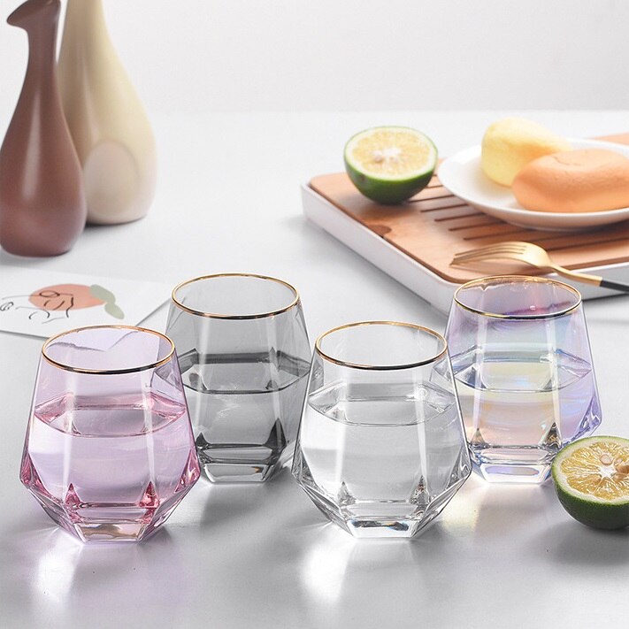 Vasos de cristal de estilo nórdico con forma de diamante para whisky, vasos de agua con borde dorado, 280ml,