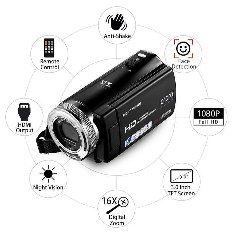 ORDRO Digital Camera HDV-V12 3.0 Inch LCD 1080P FHD Camcorder 16X Zoom DVR IR Night Vision CMOS Sensor Microphone