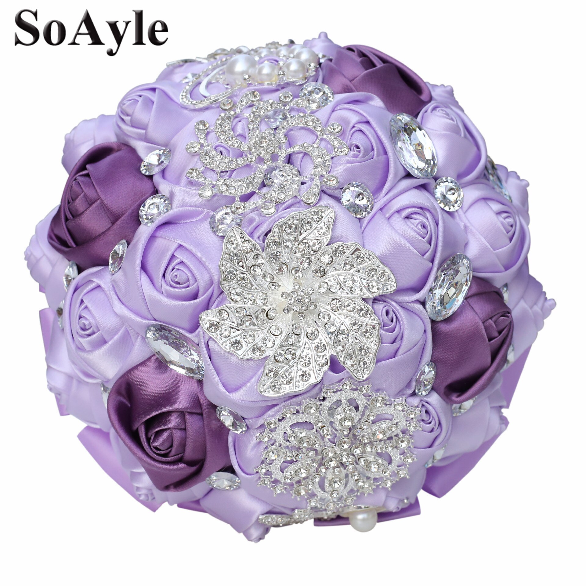 Soayle håndlaget 18cm kunstige roseblomster syrin rhinestone brud brudepike buequet diamantbrosje bryllupsbukett  w229: misligholde tittel