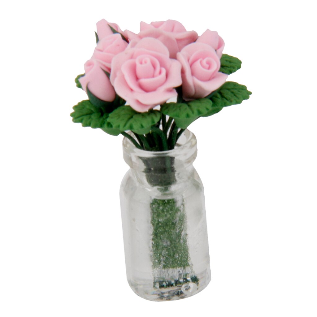 1/12th Miniatue Bunch Pink Rose Flowers In Glass Vase Dolls House Decoration