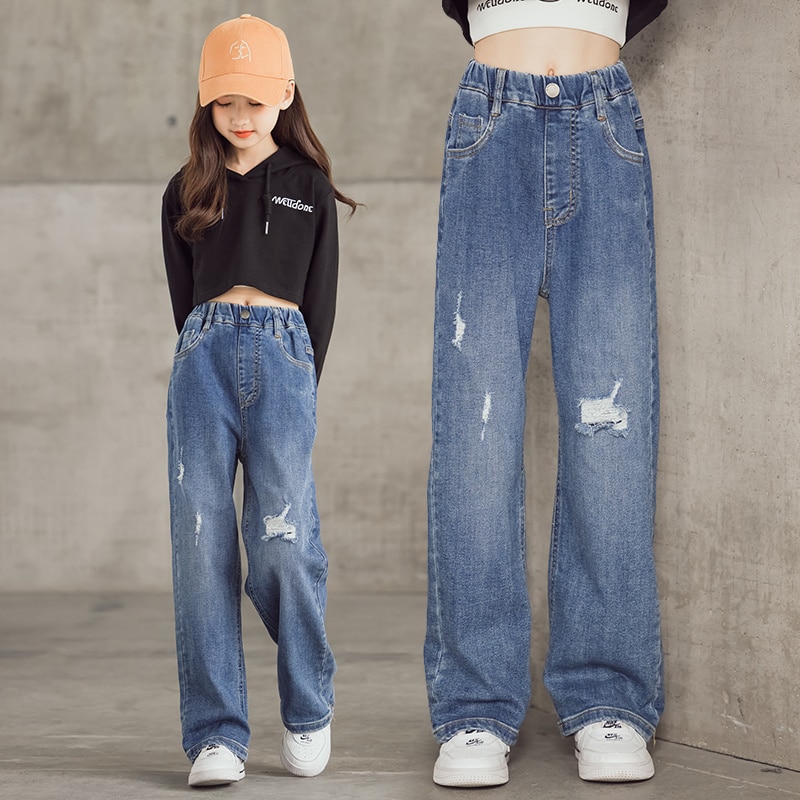 coréen déchiré jambes larges filles jean solide taille élastique droite enfants pantalons 3-15 ans printemps et automne enfants vêtements
