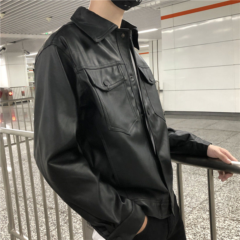 Chaqueta de cuero negro coreano para hombre, chaquetas de motocicleta con solapa a la , ropa de calle, Cazadora Bomber holgada de Hip-hop, M-2XL