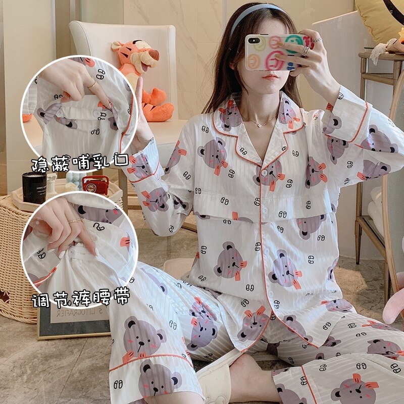 Sommer efterår trykt silke føler barsel pleje pyjamas sæt fodring pyjamas tøj til gravide graviditet lounge