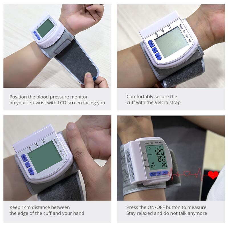 Automatic Digital Wrist Blood Pressure Monitor meter for Measuring Heart Beat And Pulse Rate DIA Tonometer with Cuff 60 memory