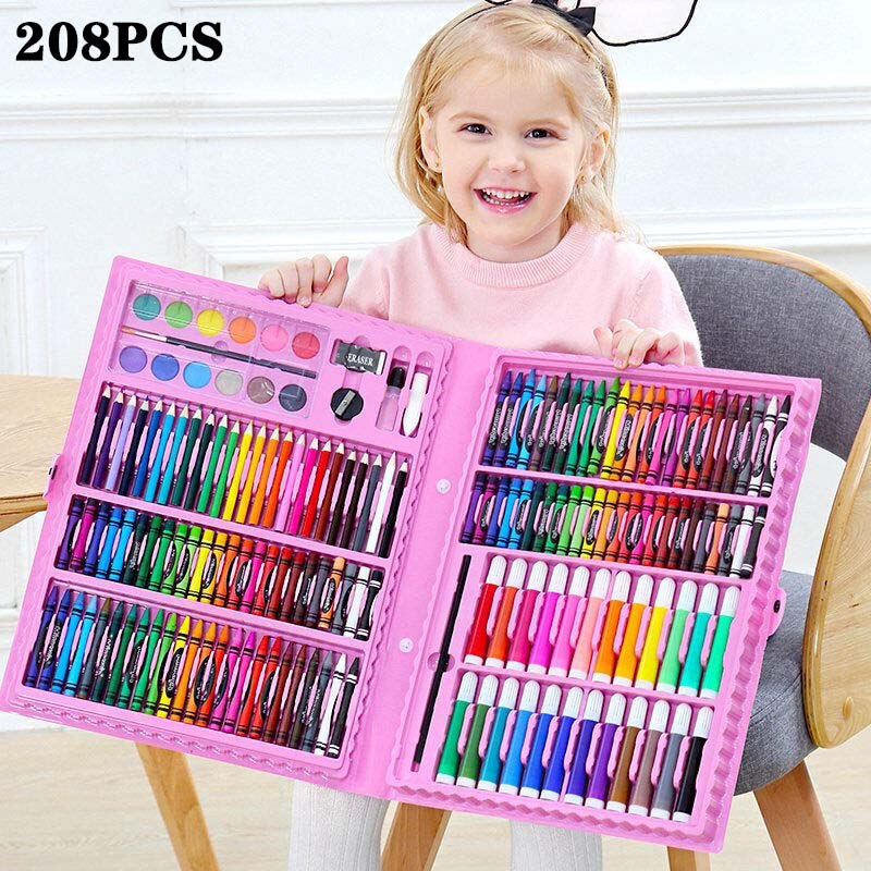 208 PCS Kid Draw Set Colored Pencil Crayon Watercolors Pens Drawing Set Toy Drawing Art Marker Pens School Supplies Kid: 208 PCS Red1