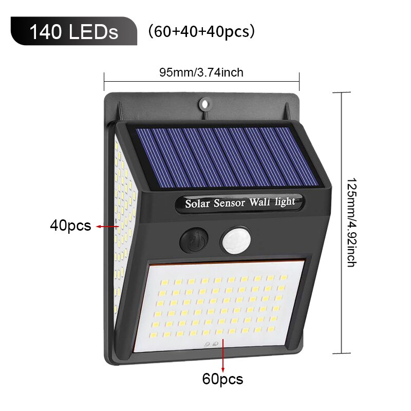 100 led zonne-energie buitenlamp met pir-bewegingssensor, op zonne-energie werkende straatverlichting voor tuindecoratie, 144 waterdichte: 140 leds