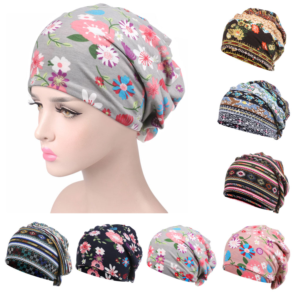 1Pc Baumwolle frauen ausgebeult Slouchy Mütze Hütte Sport lässig Headwear Haar Verlust Kopftuch Krebs Chemo Kappen Drucken kopf wickeln