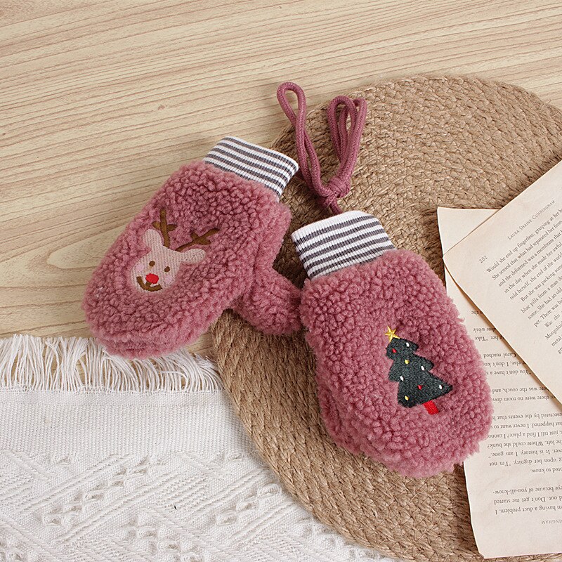 Macaron kleur kerst wind kinderhandschoenen winter fluweel kerstboom cartoon hert babymeisje halter handschoenen 2-6t: Ah2755 rozenrood
