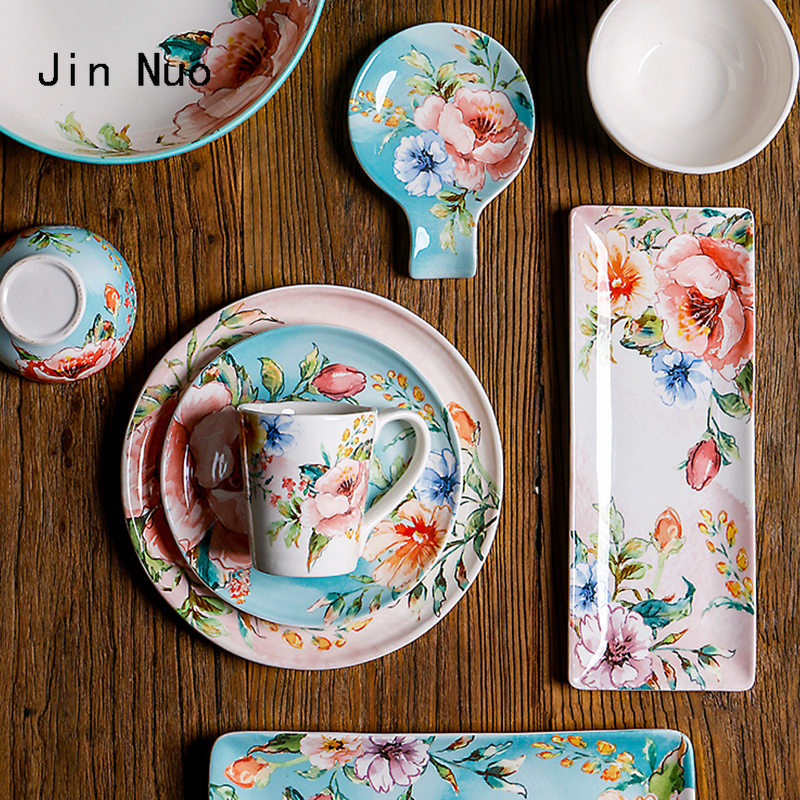 Underglaze Ceramic Plate French Home Rectangle Snack Tray Hand Painted Flower Decorate Dinner Plates Dining Table Decor