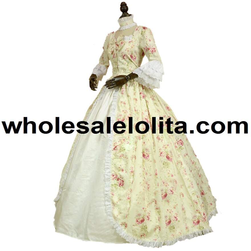 Top Renaissance Colonial Gothic Period Dress Floral Print Gown Reenactment Clothing