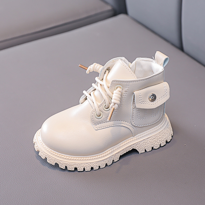 Autumn Winter Kids Martin Boots For Girls Boys Leather Boots Side Zipper Baby Shoes Pocket Children Sneakers: Beige / 26