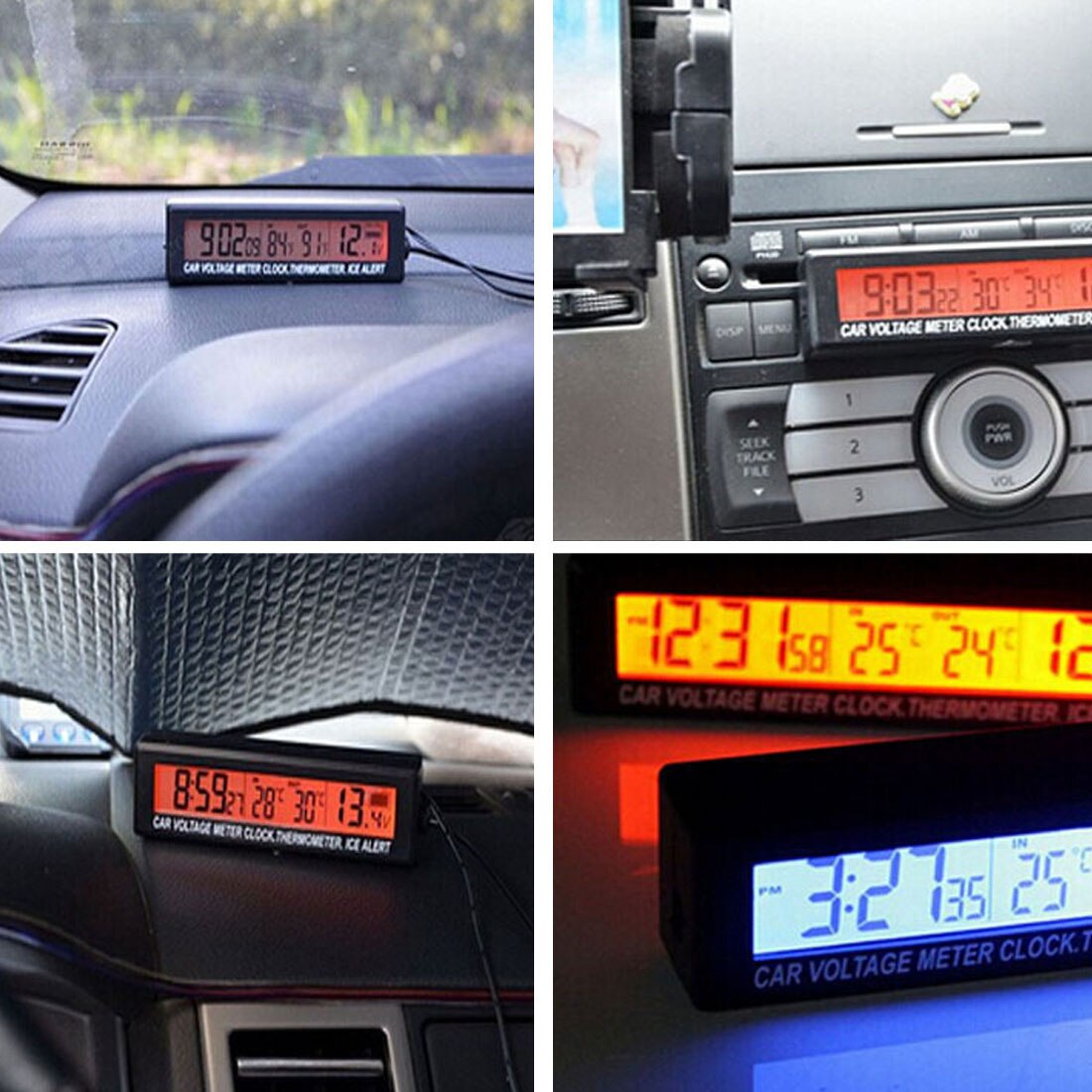 Car Digital Auto Thermometer Voltmeter Clock Volt 3 in 1 Temperature Monitor 12V Outdoor Indoor LCD Cigarette Socket Backlight
