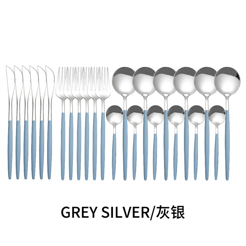 Couverts en acier inoxydable, 24 pièces, service de table, cuillère, couteau, fourchette, couteau, portugais occidental: GreySliver