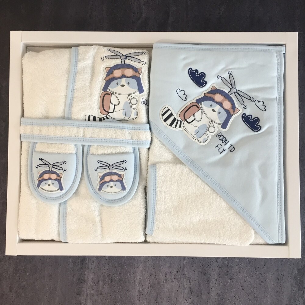 Baby Hooded Badhanddoek Set Kinderen Meisje Jongen Gewaad Cartoon Badjassen Wrap Pasgeboren Lange Mouw Slipper Peuter Baby Kleding: Baby Boy Born To Fly Set