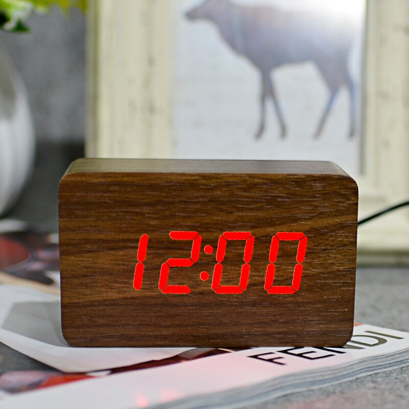 FiBiSonic Red series Thermometer LED Digital Clock,Sounds Control Wooden Alarm Clocks,Desktop Clock