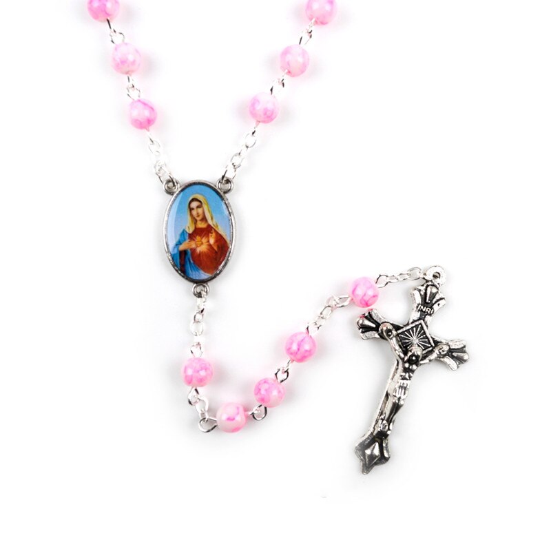 5 stili moda cattolica vergine maria gesù piccola dimensione rotonda perla accessori gioielli catena croce pendente rosario perline collana: Style 4-light pink
