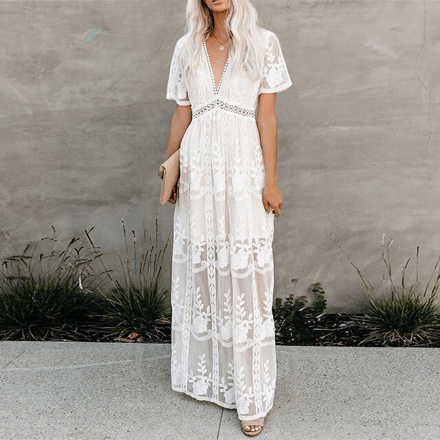 Zomer Boho Vrouwen Maxi Jurk Losse Borduren White Lace Lange Tuniek Strand Jurk Kleding
