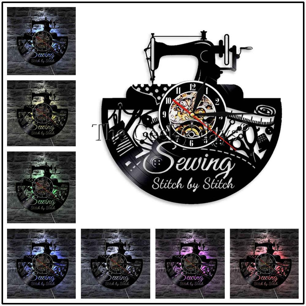 J'aime coudre vinyle Record horloge murale reloj de pared Vintage Quilting Machine à coudre horloge montre couturière femmes mère: Gray / 12 Inch With LED