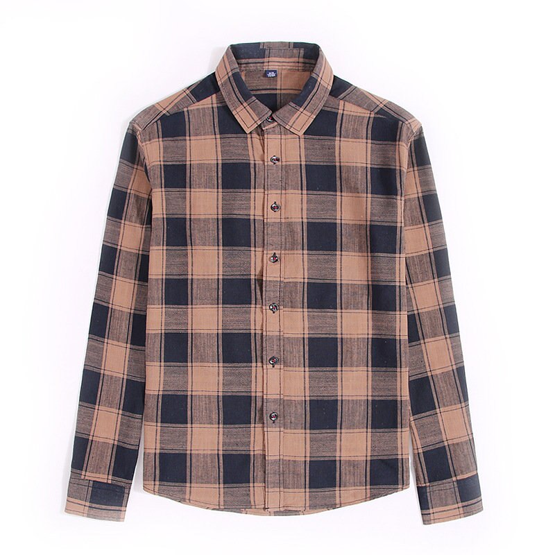 U&SHARK Men Vintage Plaid Shirt Long Sleeve Flannel Black Checkered Casual Shirts Chemise Homme Male Cotton Brown: Light Brown / 38 165CM 60KG
