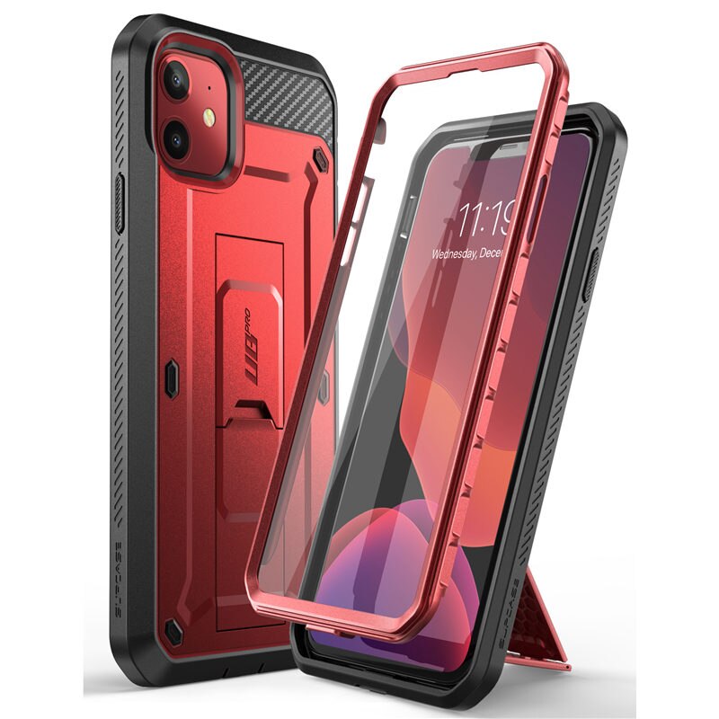 Dla iPhone 11 Obudowa 6.1 &quot;(wydanie 2019) SUPCASE UB zawodowiec wytrzymała obudowa na całe ciało z wbudowanym ochraniaczem ekranu i podstawką: MetallicRed