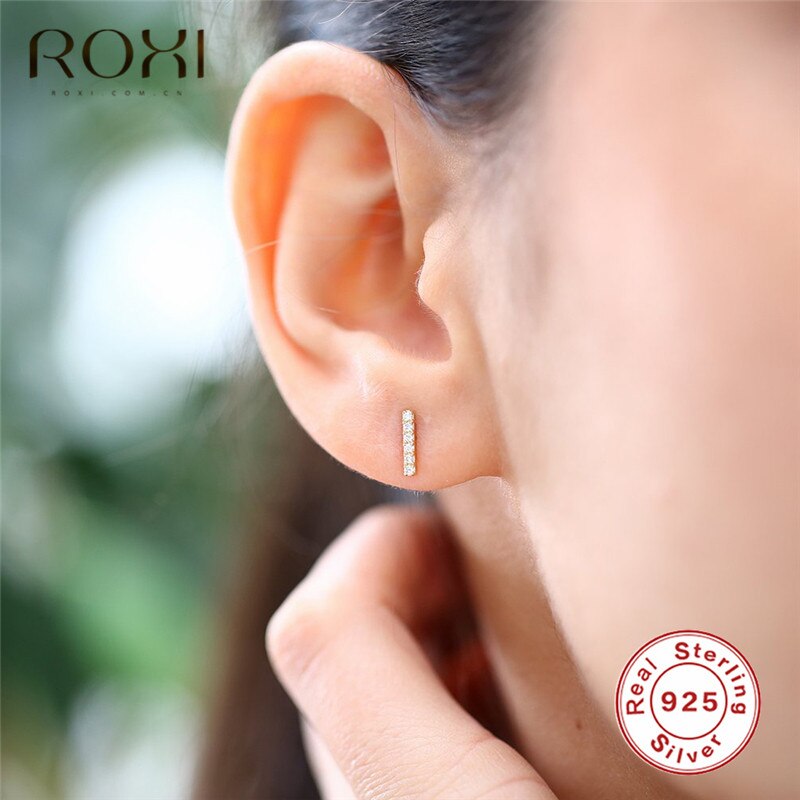 ROXI Minimalist Flat Bar Stud Earrings For Women Geometric T Bar Zircon Birthstone Double Ear Studs 925 Sterling Silver Earrings