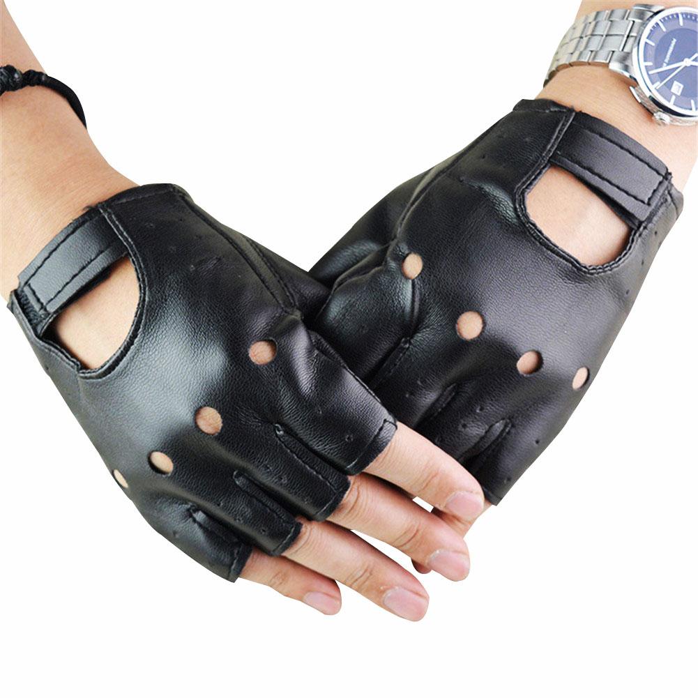 1 par unisex sort syntetisk læder fingerløse handsker solid kvindelig halvfinger til kvinder mænd punk motor cykelhandsker