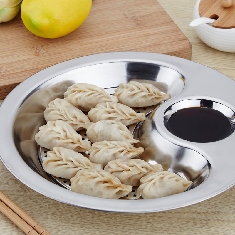 Mors hånd rustfrit stål rund dumpling fad tallerken dumplings sushi serveringsbakke aflang tallerken salat brød retter