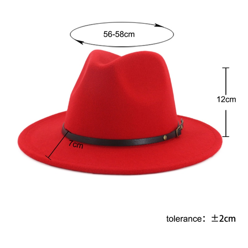 Wool Felt Jazz Fedora Hats Black Red Patchwork Belt Buckle Decor 1PC Soft Unisex Comfortable Adjustable Wide Brim Hat