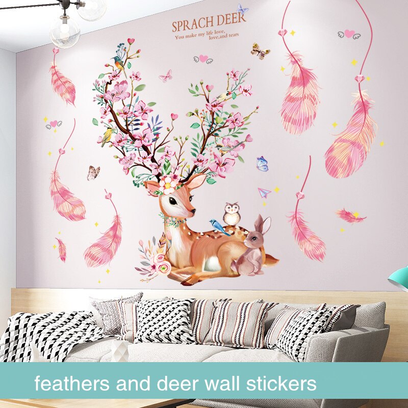 [shijuekongjian] lyserøde fjer væg klistermærker diy tegneserie hjorte dyr vægoverføringsbilleder til børneværelser baby soveværelse hus dekoration: Fjer og rådyr