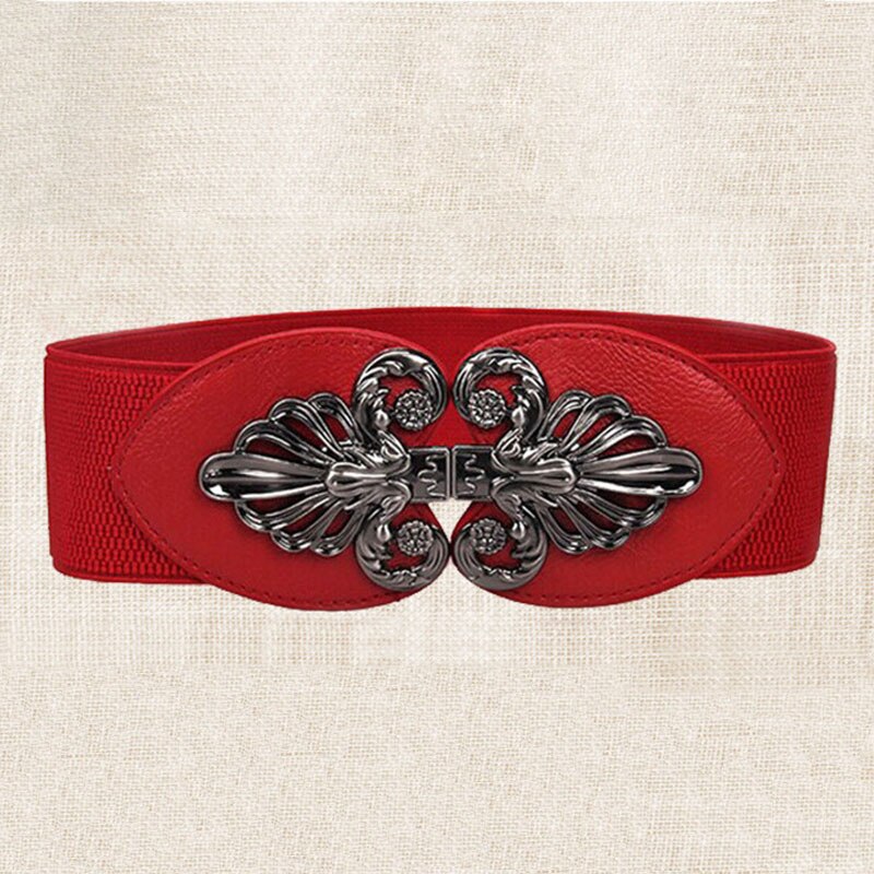 21 types Women Elastic Wide Belt Thick Vintage Totem Print Stretch Leather Waist Belt For Dress Corset Cinch Waistband Z30: Red Gun black