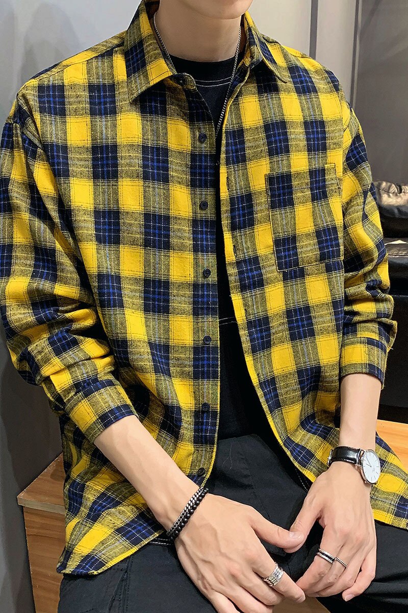 Vår og høst ungdom gutter rutete jakke langermet herre fritidsstudentskjorte gul/khaki m -5xl