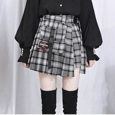 Short gothique punk harajuku pour femme, style décontracté, cool, chic, preppy, à carreaux rouges, plissé, noir, jupes