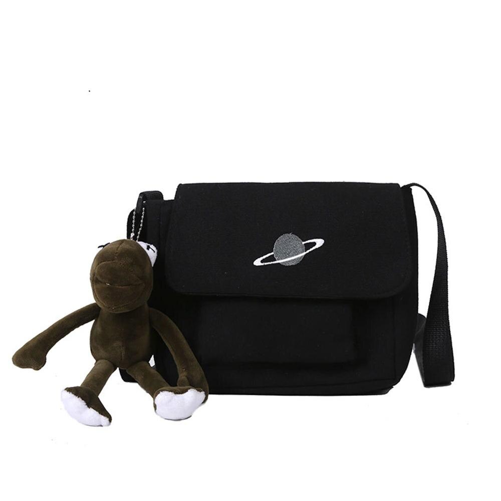 Unisex Canvas Schoudertas Messenger-Bag Kleine Planeet Geborduurde Tas: Black with frog