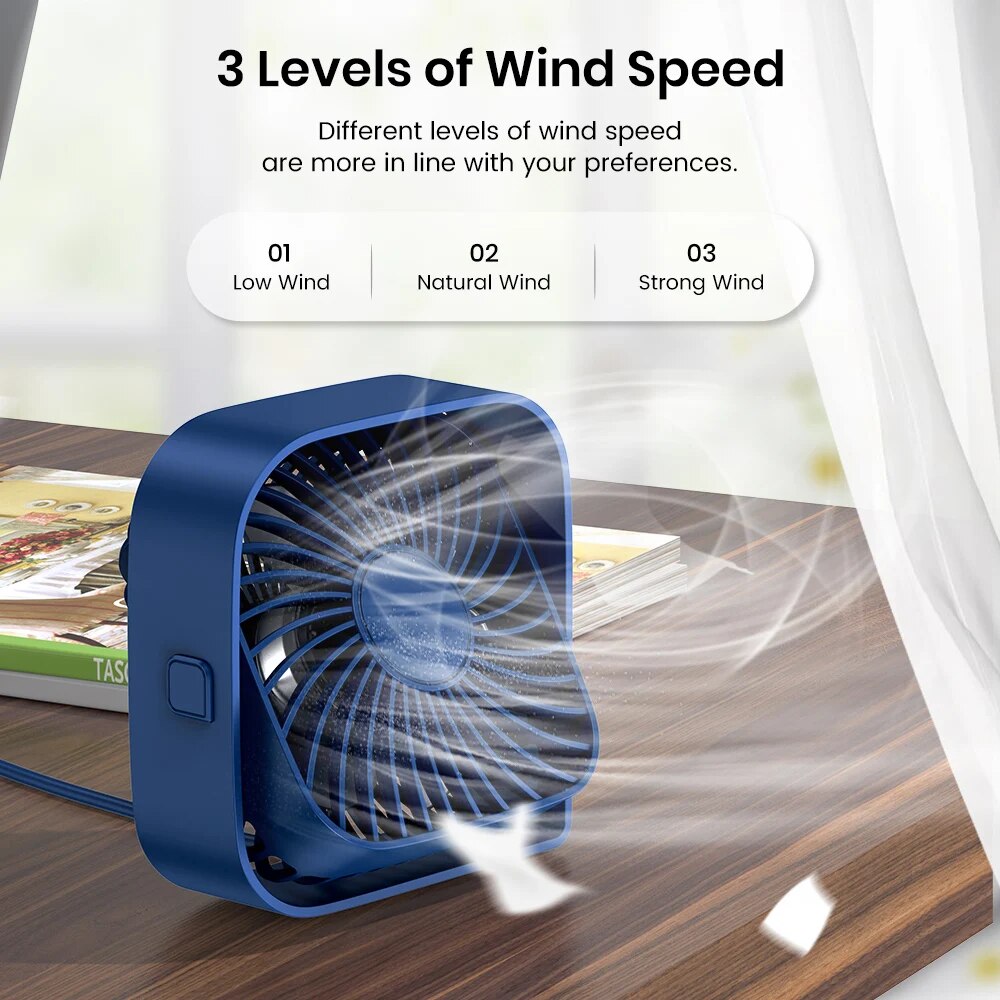 BullTek Mini Ventilatore Portatile USB Ricaricabile – 5 Velocità, Pieghevole A 180°, Da Collo O Tavolo, Silenzioso, Per Ufficio E Viaggi – Blu