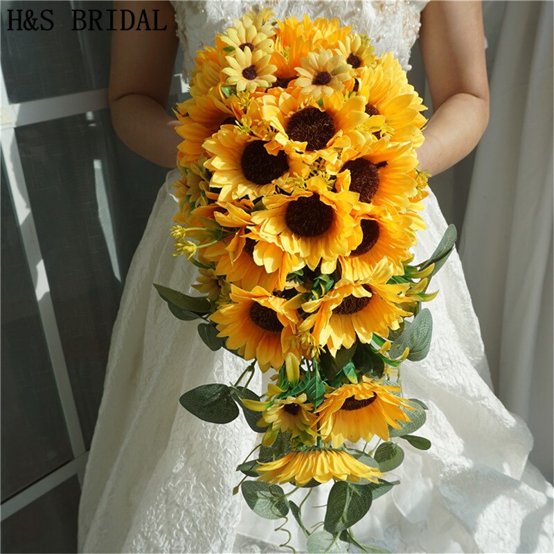 H&amp;S BRIDAL Sunflower Teardrop Wedding Bouquet Waterfall Bridal Flower Bouquet Lace handle Bruidsboeket bouquet de mariage