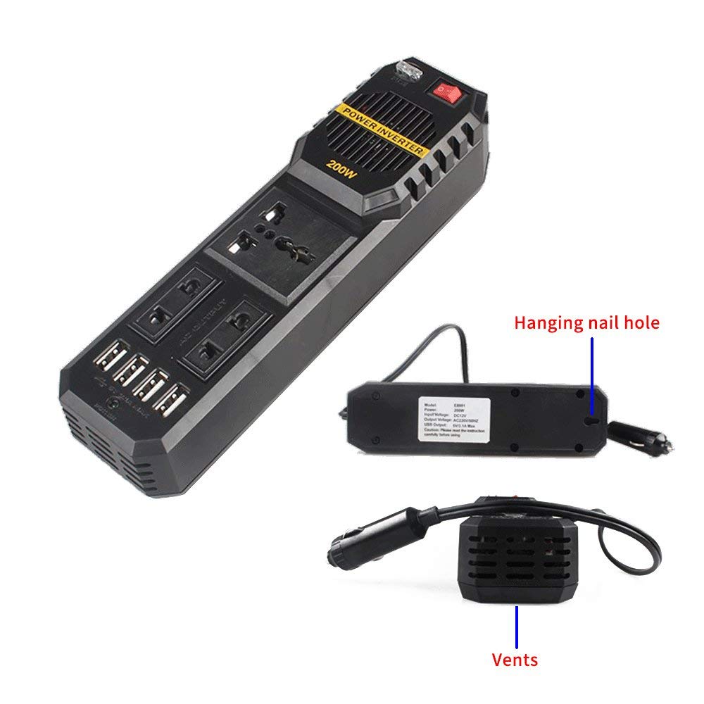 I Key Buy 200W Car Inverter DC 12V To AC 220V 4 USB Power Converter Booster Square Wave Universal Socket Black 50Hz