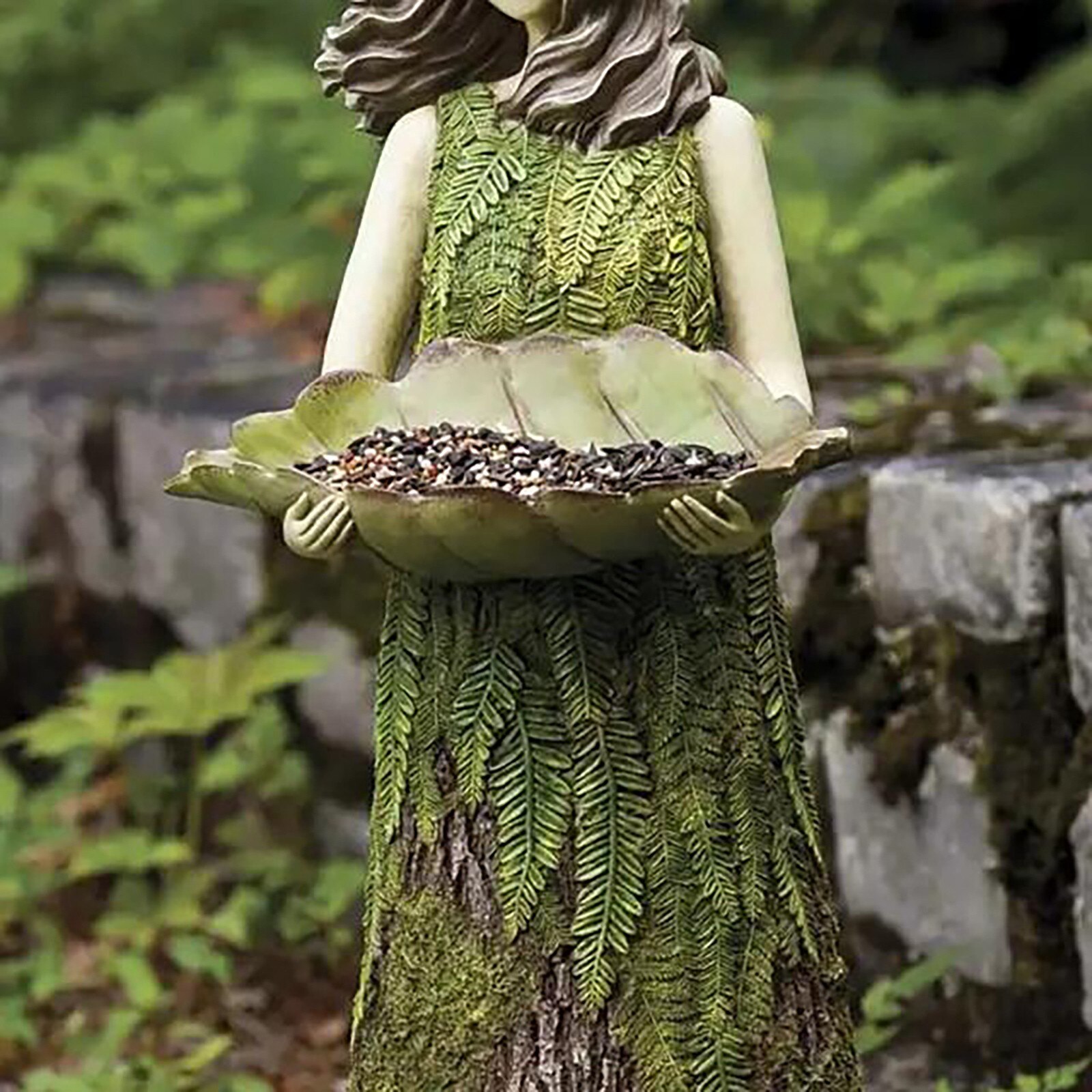 Sherwood Fern Fairy Statuary with Bird Feeder Resin Ornament Outdoor Garden Decoration Crafts Statue Woman Beauty Sculptures