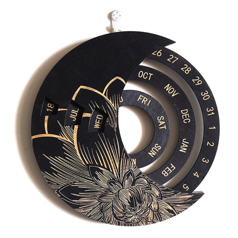 Wooden Moon Perpetual Calendar Adjustable Family Birthday Reminder Wall Board 1XCB: BK