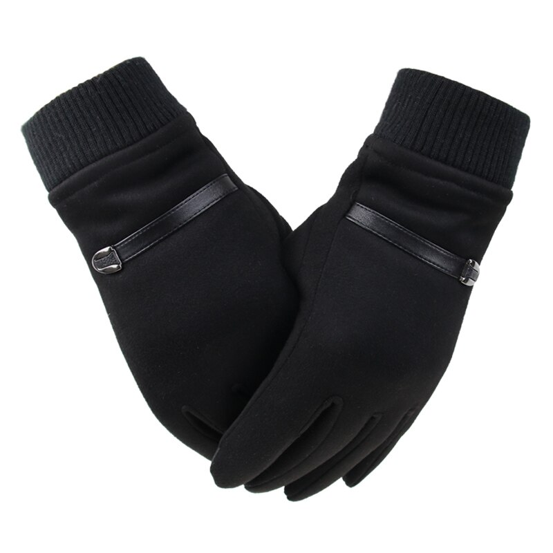 Ruskind mænd handsker berøringsskærm vinter varm vindtæt tykkere koral fleece guantes anti slip kørsel udendørs mandlige handsker læder: Sort