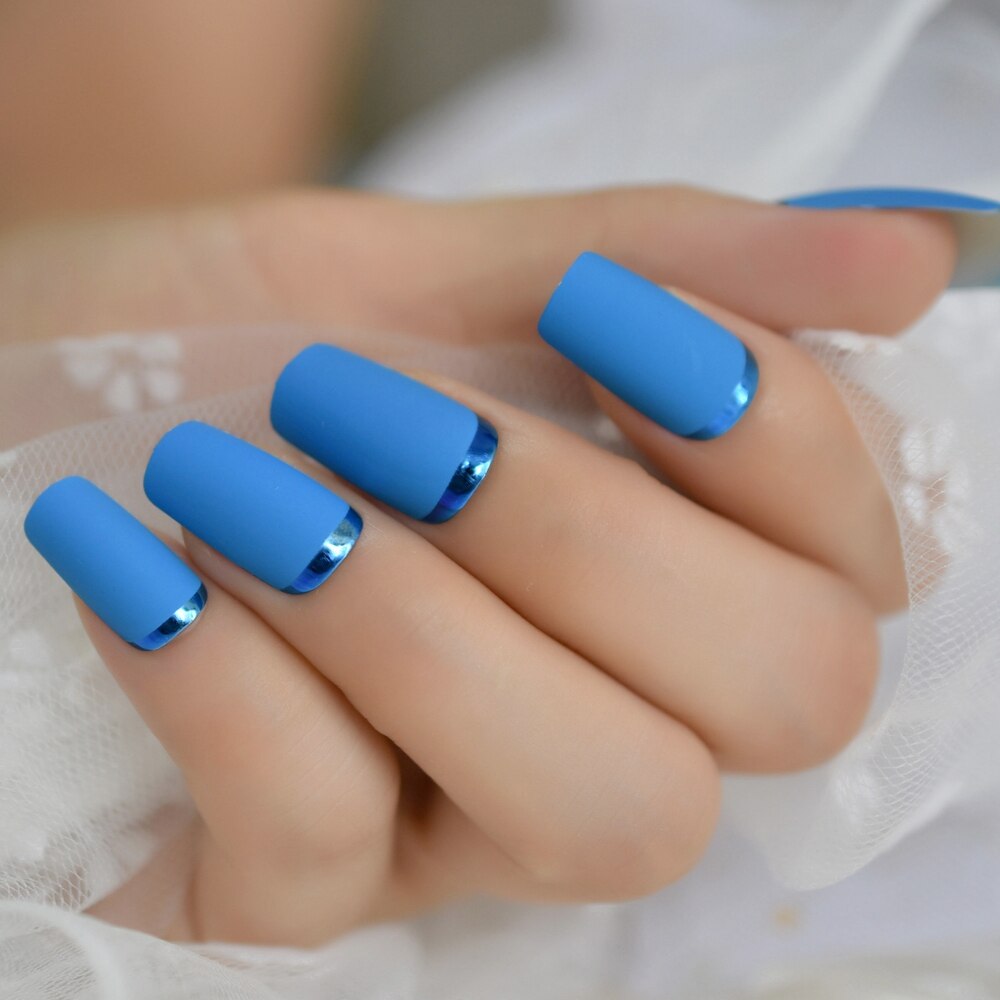 Medium Square Nail Art Tips Matte Plastic Artificial Fingernails Blue Simple Unique False Nails For Nail Art