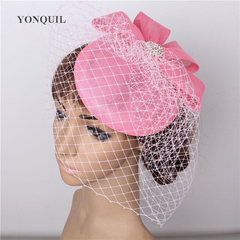 Vintage Mesh ślubne nakrycie głowy panna młoda elegancka moda Fascinator kapelusz kobiety formalne Party Chapeau z kapturem klip z welony nakrycia głowy: Różowy