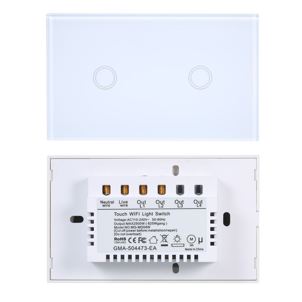 110-240V 1/2Gang 3 Way WiFi Touch Wall Light Switch No Neutral Wire Needed Compatible with Alexa and Google Home Single Pole: 2 Gang
