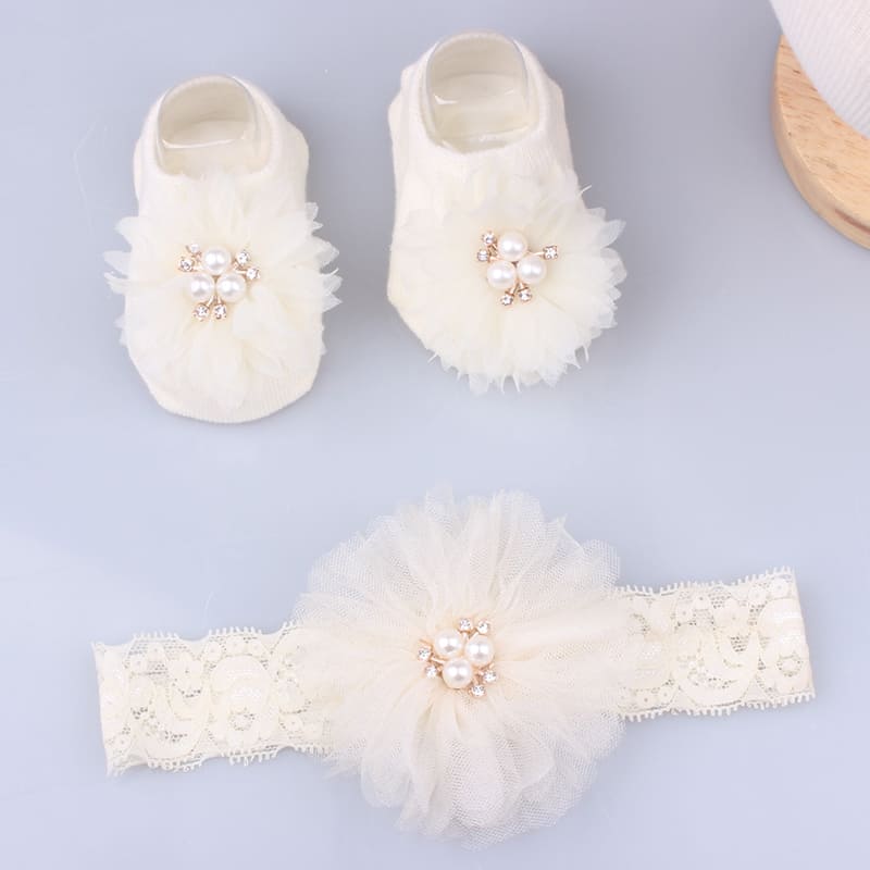 Søte blondere blomst baby pannebånd sokker sett nyfødt baby jente hårbånd turban buer perle jenter hårbånd baby hår tilbehør: beige 04